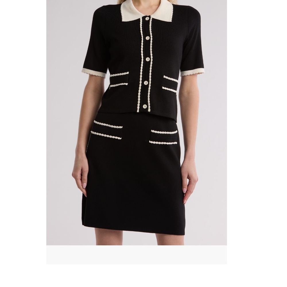 Adrianna Papell Contrast Scallop Trim Cardigan Black Cream - Picture 2 of 3